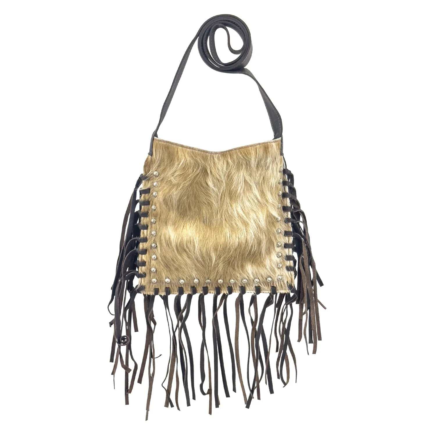 American West Womens Fringed Cowgirl 10in Tan Hair-On Leather Crossbody Bag