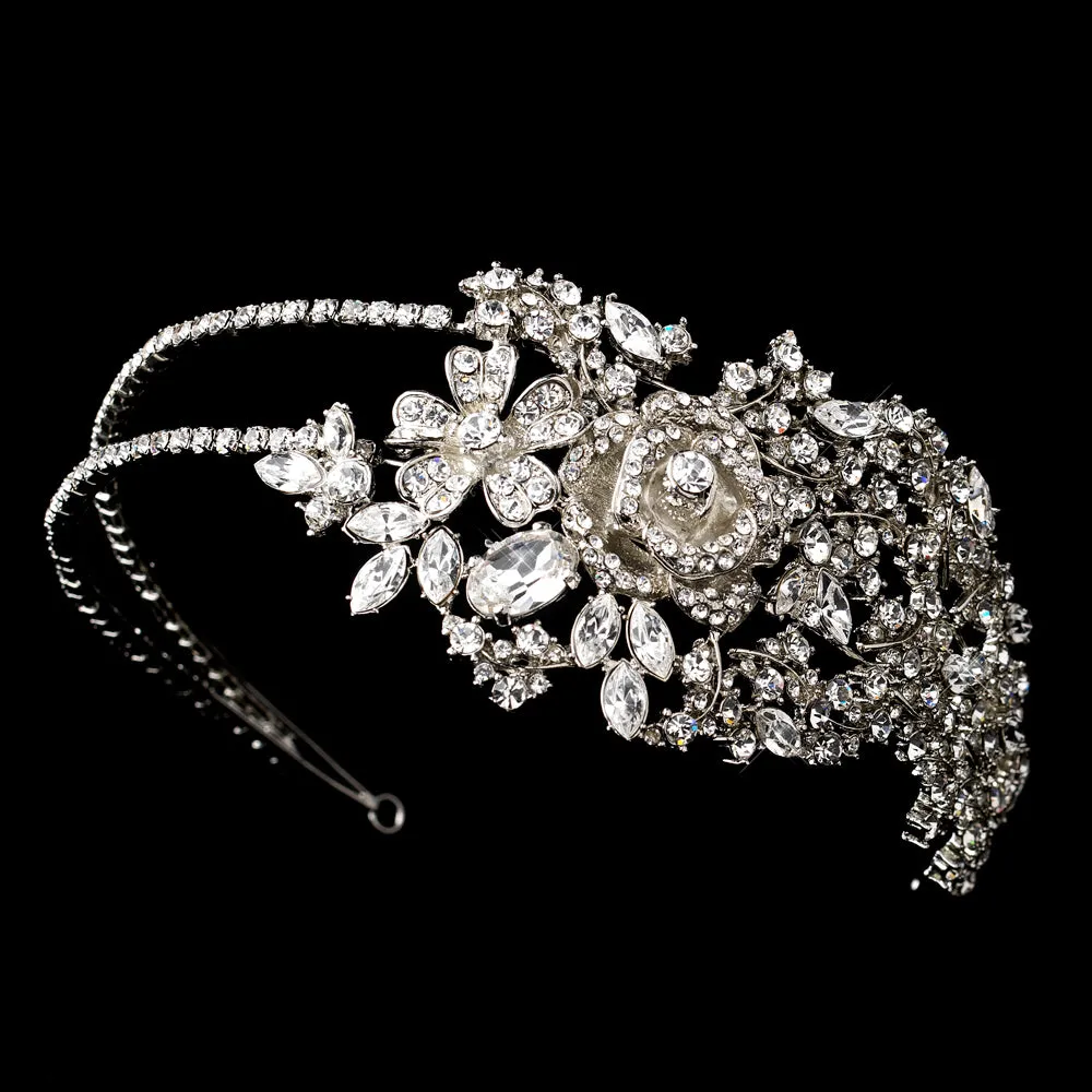 Antique Silver Plated Crystal Floral Bridal Headband