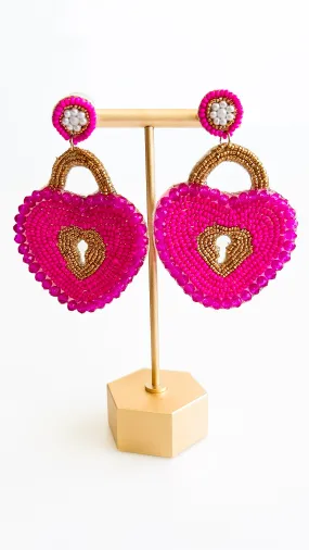 Beaded Heart Lock Earrings-Fuchsia