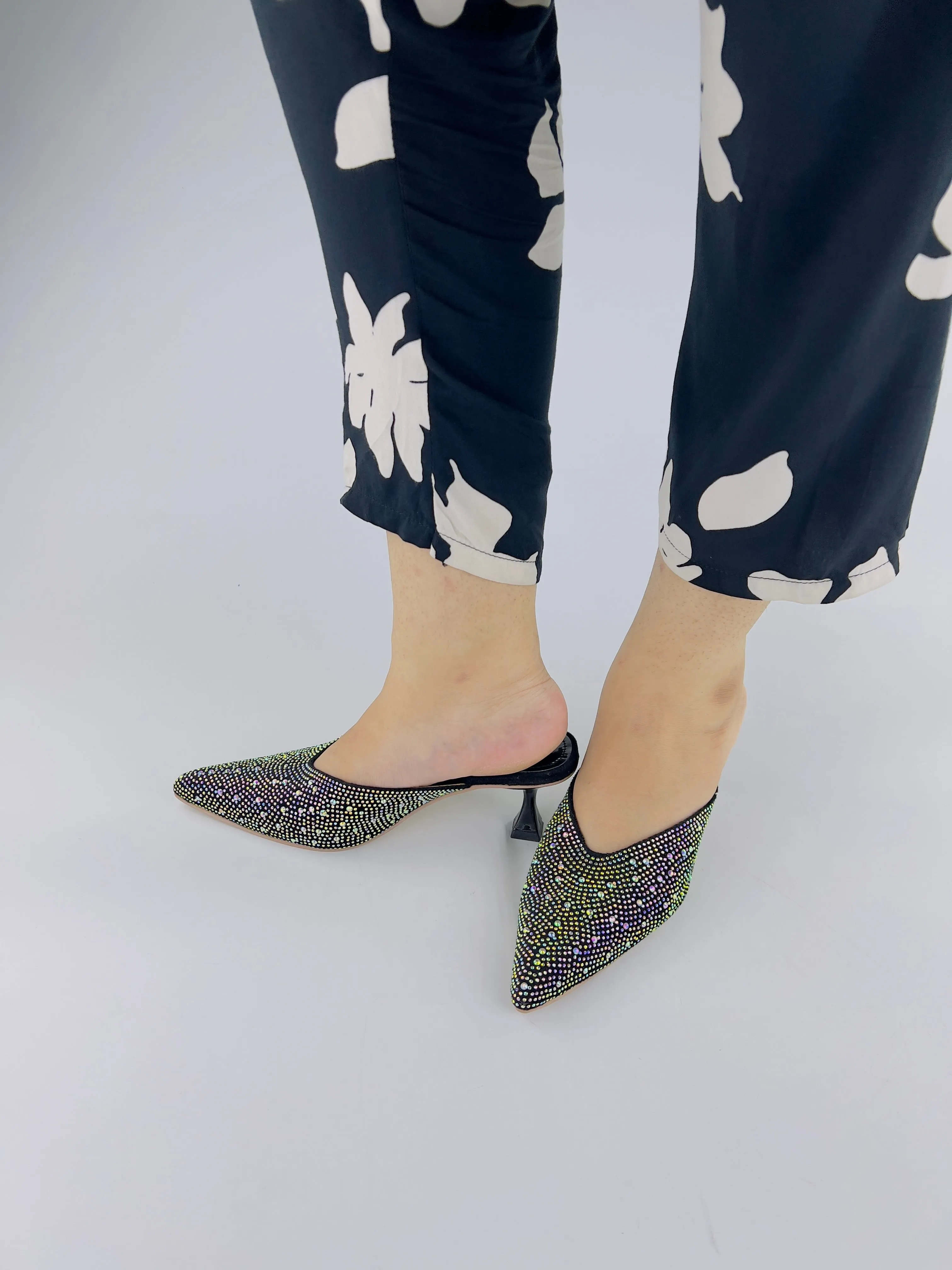 Black Diamond Rhinestone Decor Mules