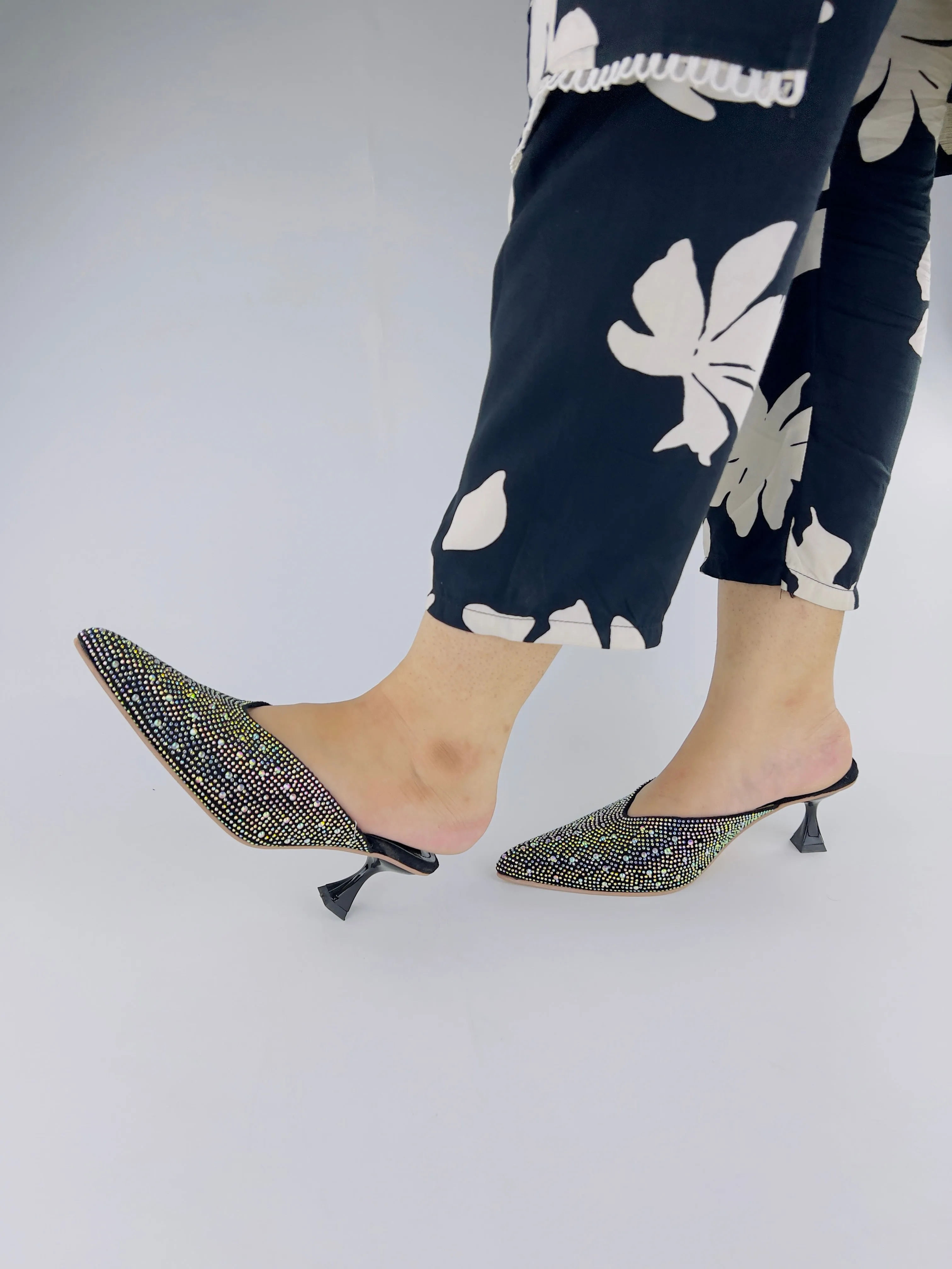 Black Diamond Rhinestone Decor Mules