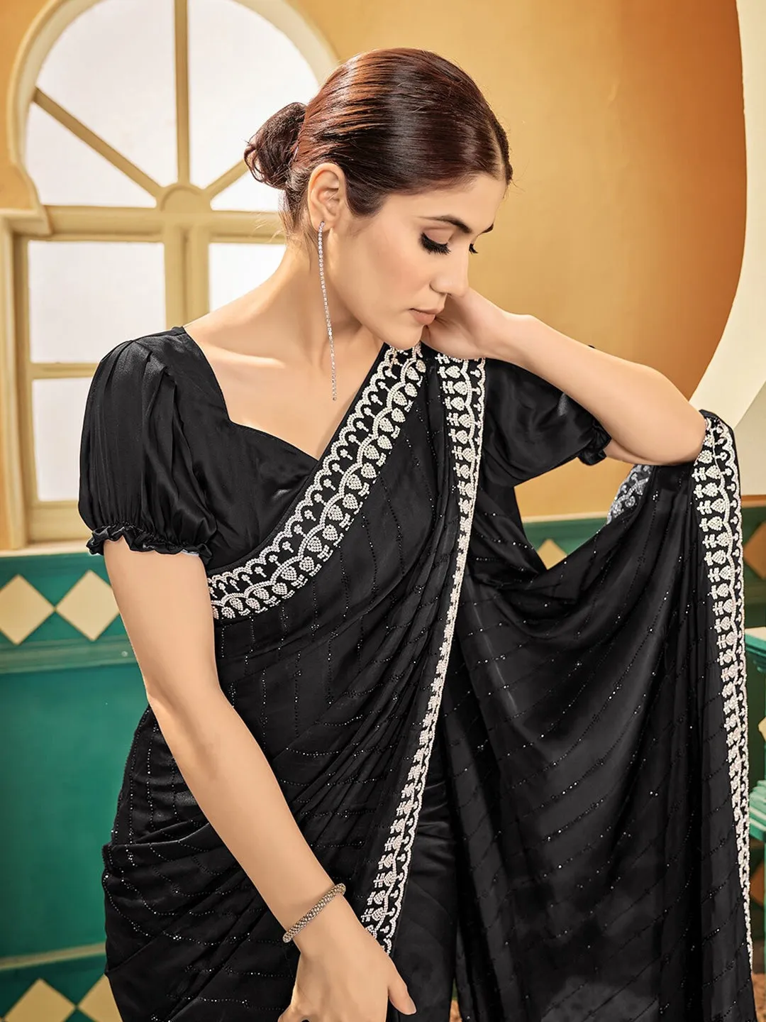 Black Embellished Sequinned Satin Saree