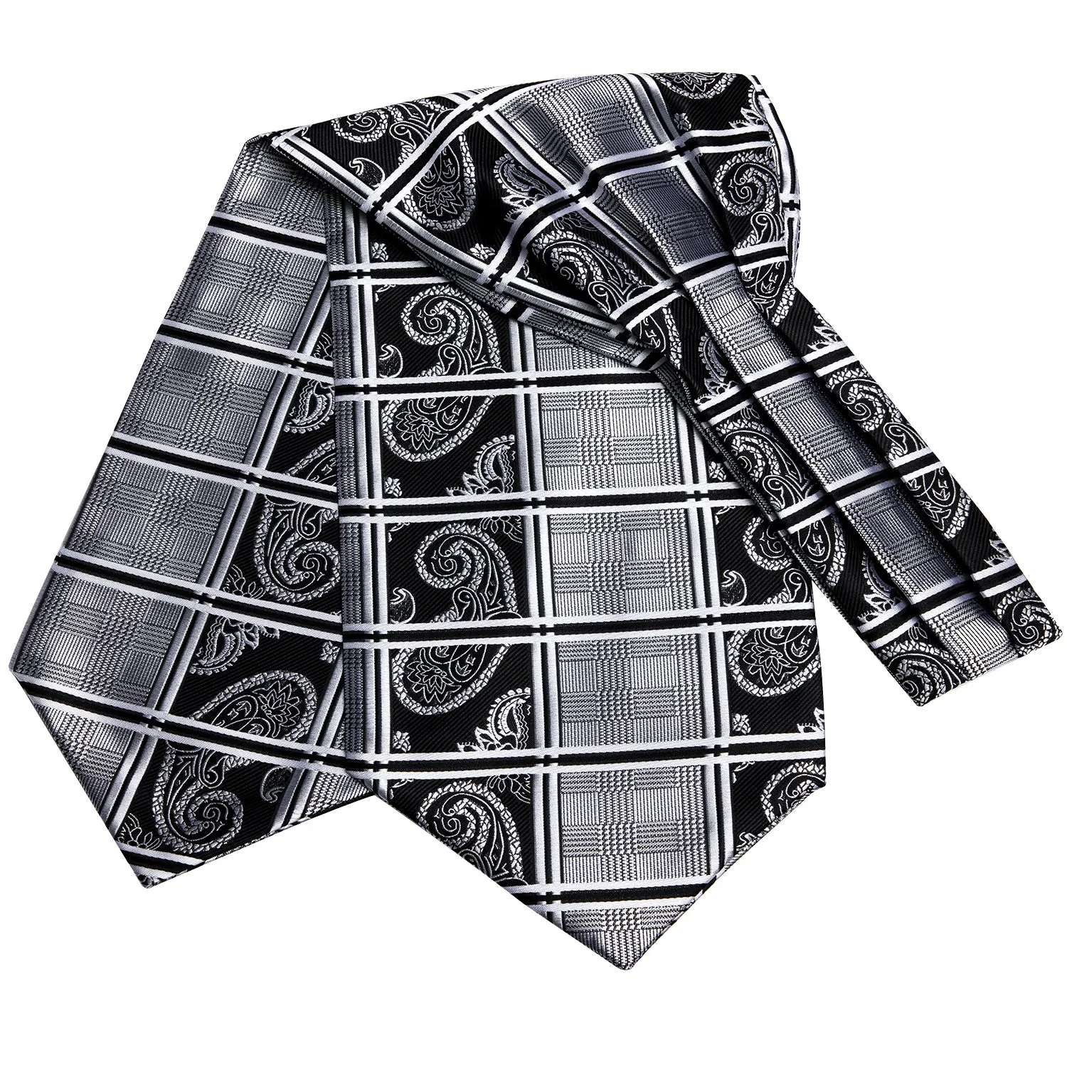 Black White Paisley Plaid Ascot Pocket Square Cufflinks Set