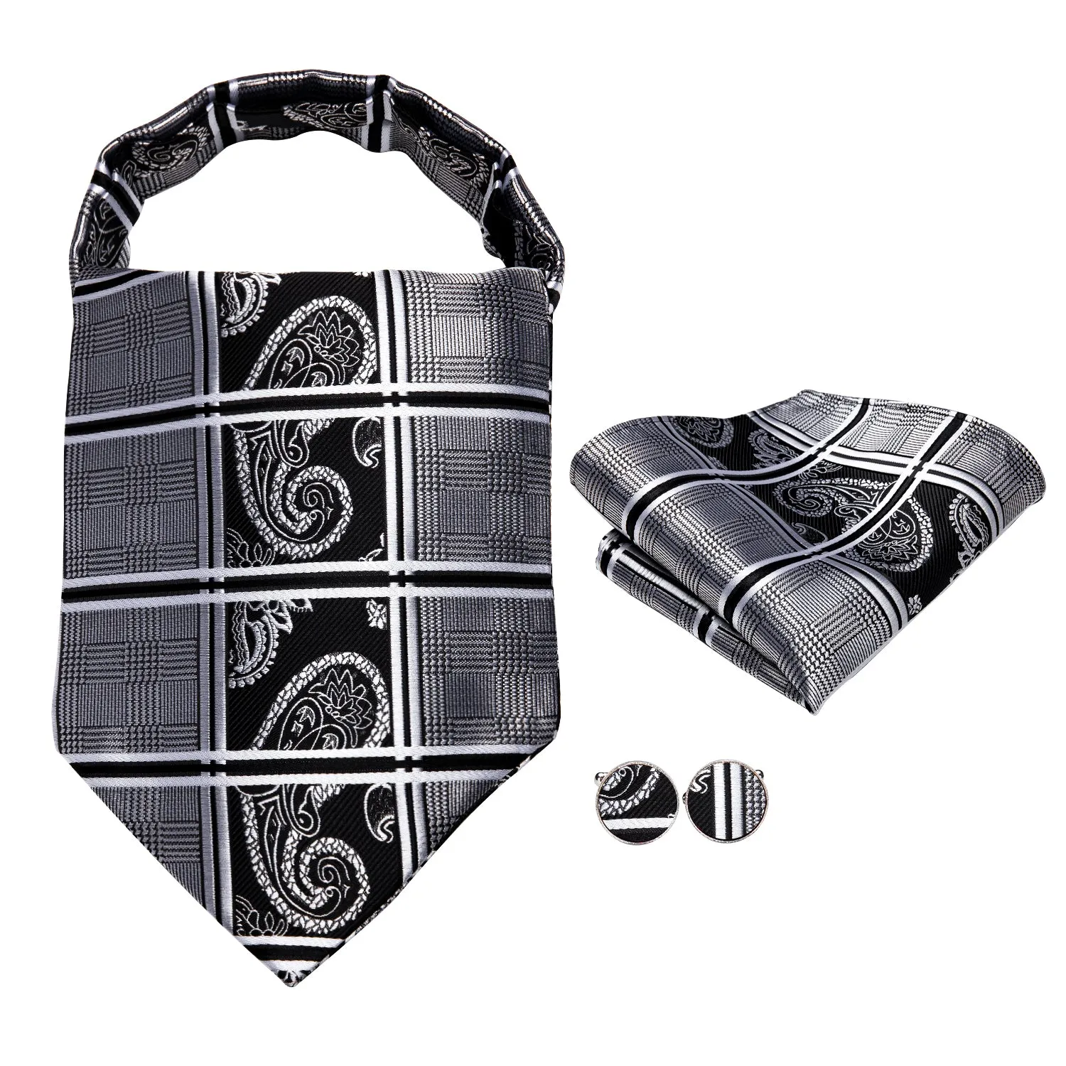 Black White Paisley Plaid Ascot Pocket Square Cufflinks Set