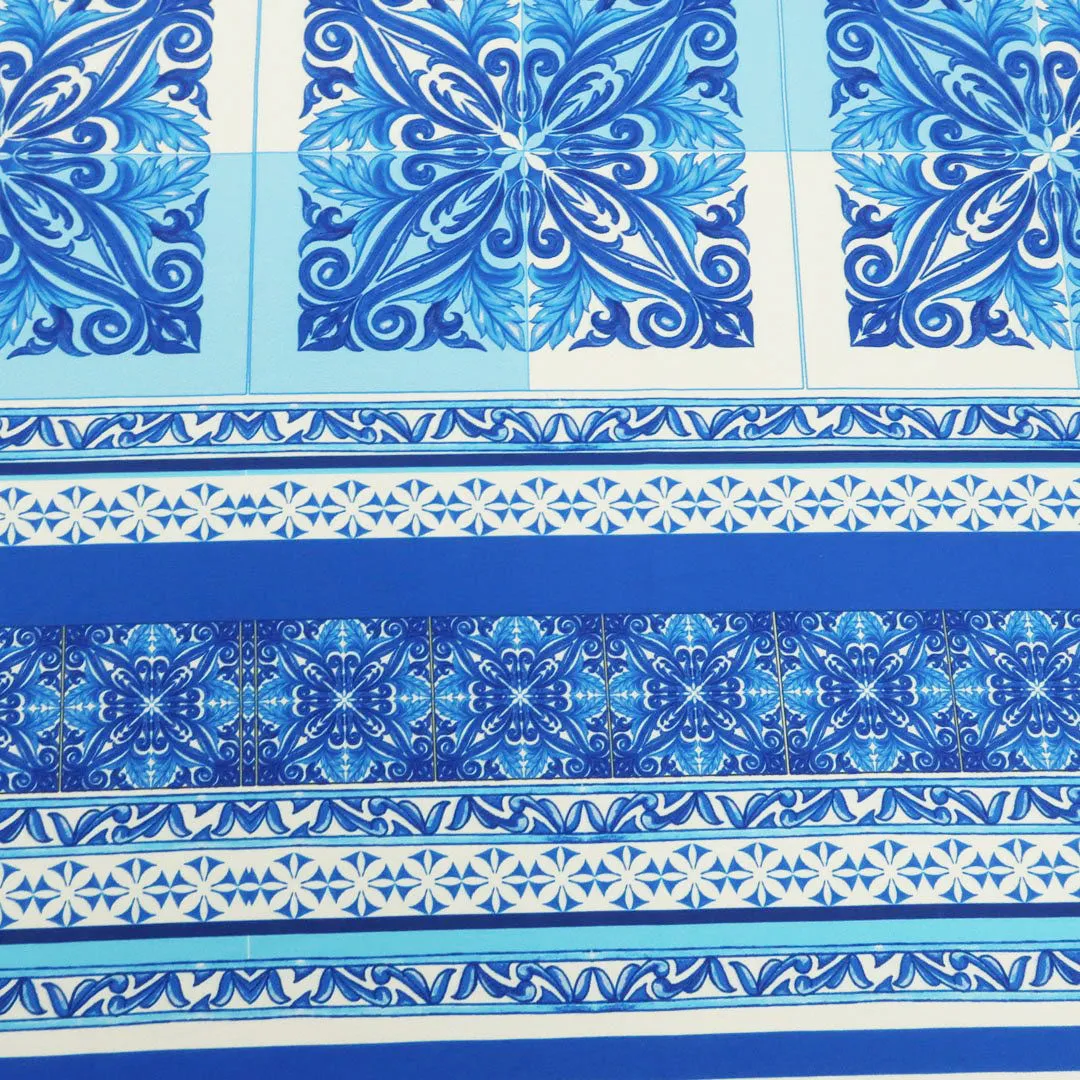 Blue and White Arabesque Printed Fabric