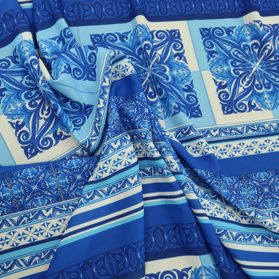 Blue and White Arabesque Printed Fabric