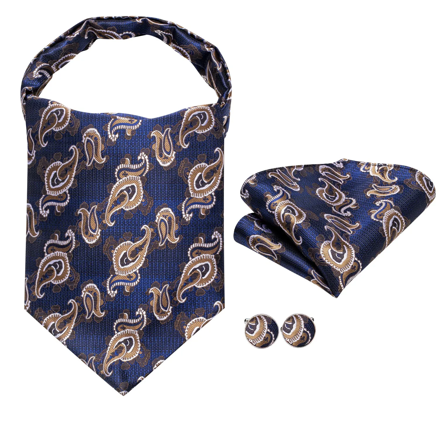 Blue Champagne Paisley Silk Ascot Tie Pocket Square Cufflinks Set