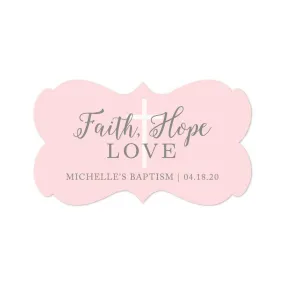 Blush Pink and Gray Baby Girl Baptism Personalized Fancy Frame Label Stickers, Faith Hope and Love