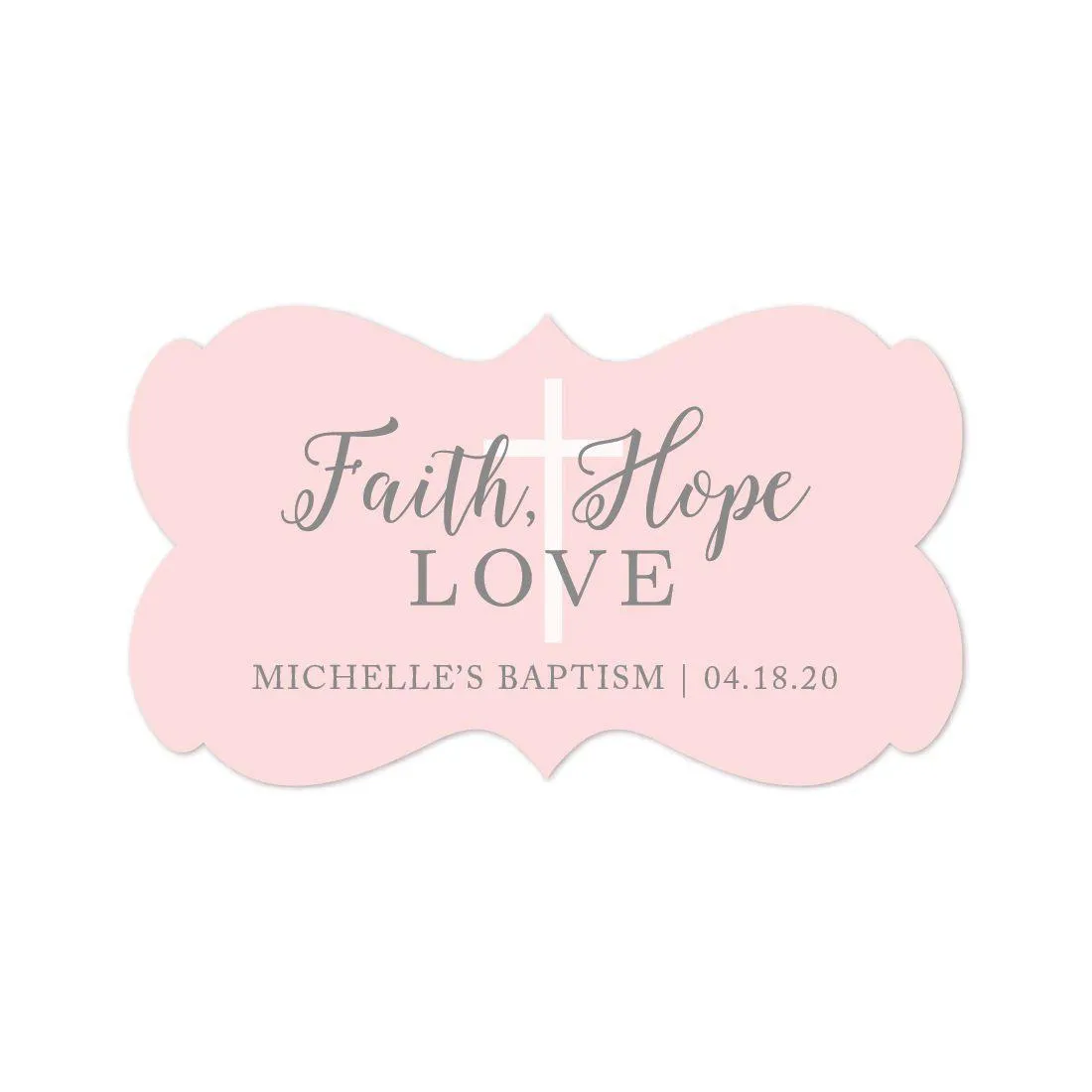 Blush Pink and Gray Baby Girl Baptism Personalized Fancy Frame Label Stickers, Faith Hope and Love