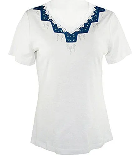 Cactus Fashion - Patterned Lace, Short Sleeve, Lace Trim Rhinestone Cotton Top