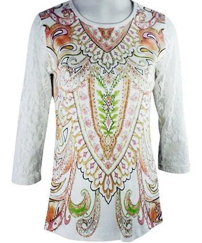 Cactus Fashion - Peach Paisley, 3/4 Sleeve, Printed Cotton Rhinestone Top