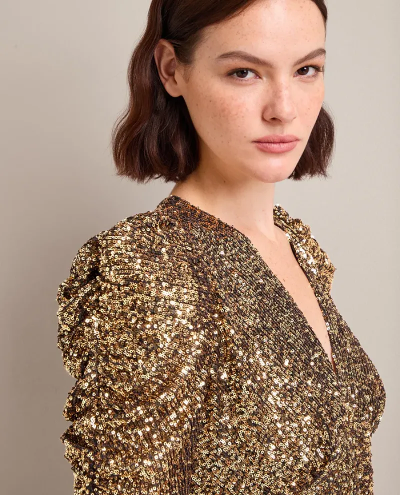 Cefinn Ophelia Gold Sequin Midi Dress