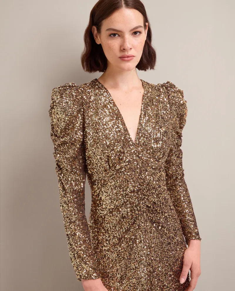 Cefinn Ophelia Gold Sequin Midi Dress