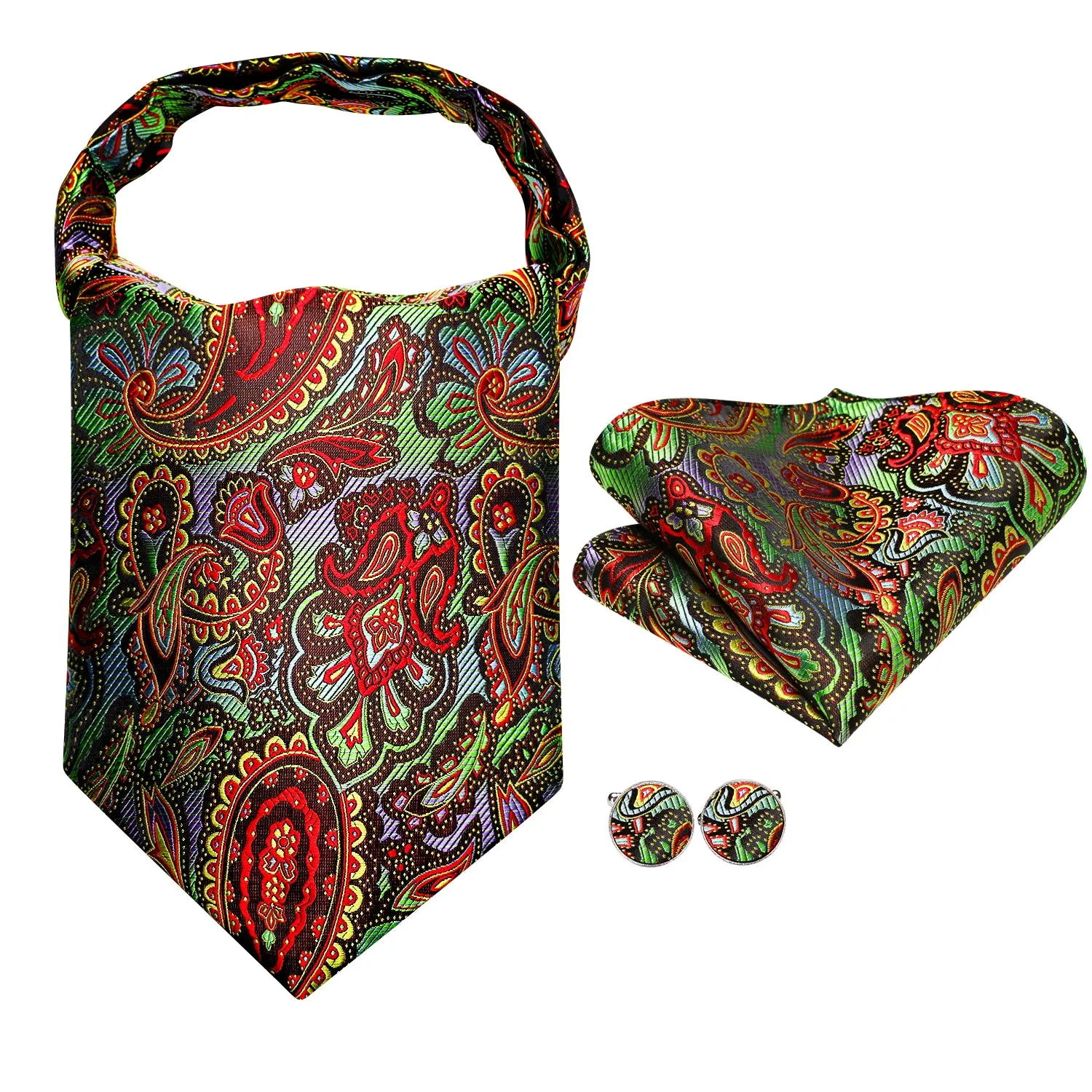 Colorful Paisley Ascot Pocket Square Cufflinks Set