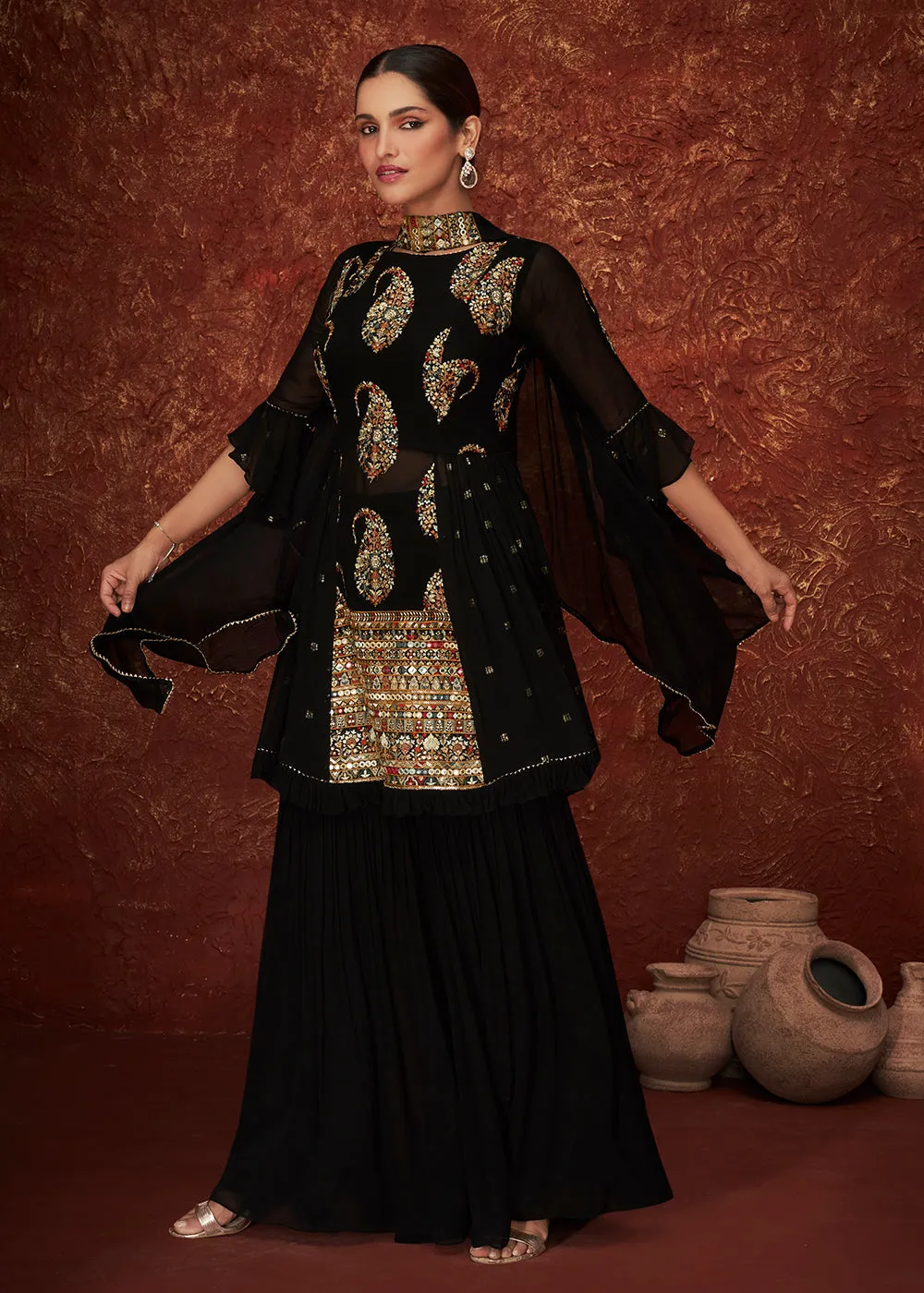 Designer Black Peplum Style with Tiered Sharara Suit for Wedding