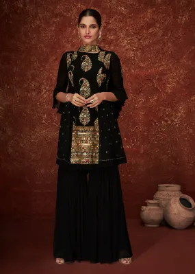 Designer Black Peplum Style with Tiered Sharara Suit for Wedding