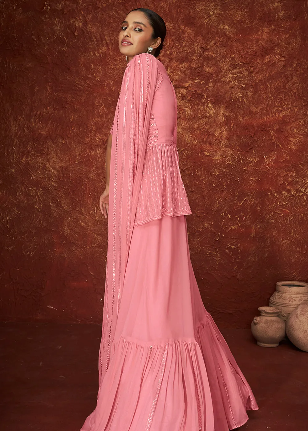 Designer French Pink Peplum Style Sharara Suit for Wedding