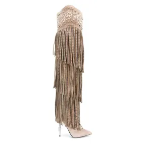 Embellished Fringe Tassels Pointed Toe Thigh High Boots