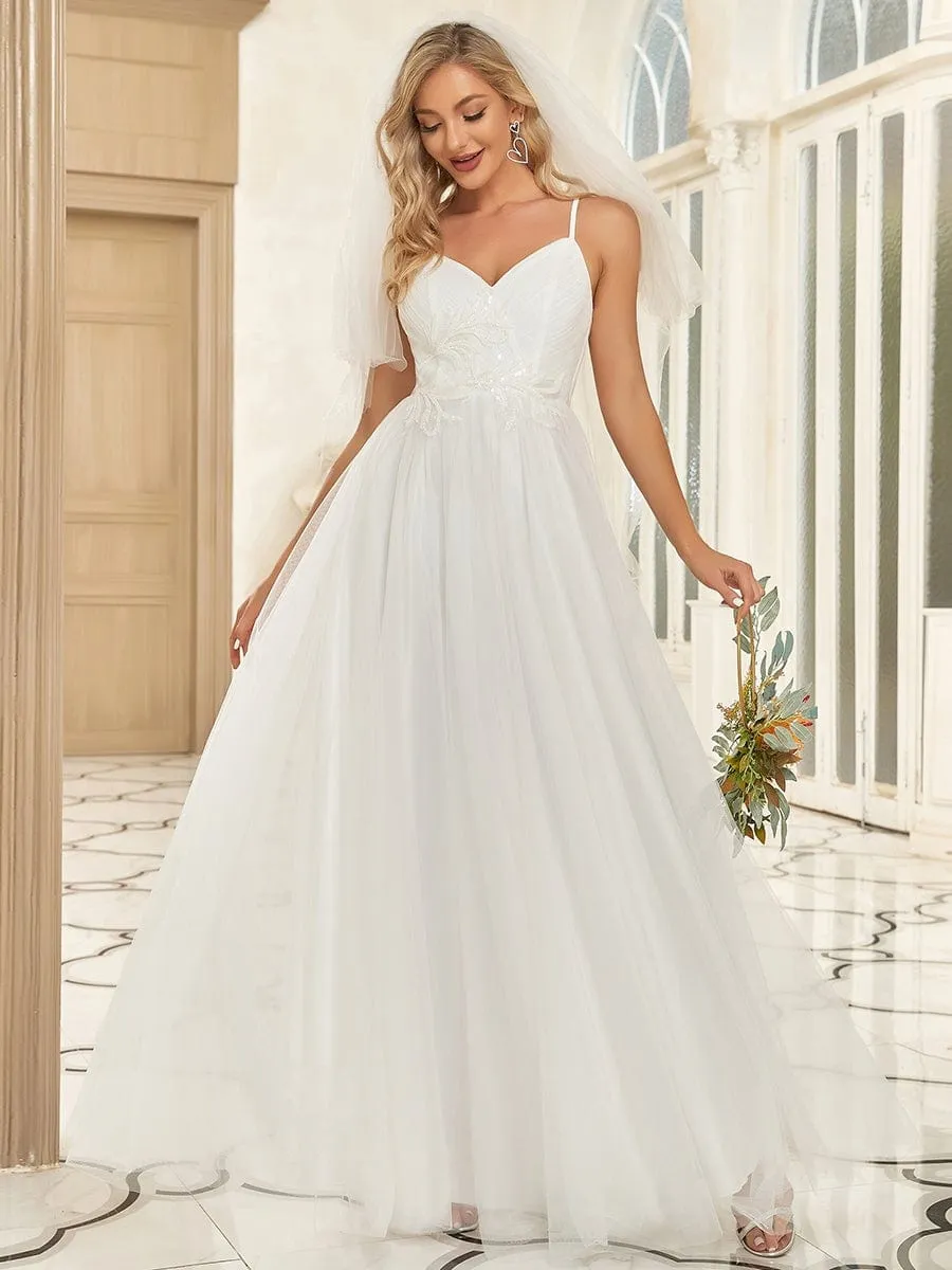 Floral Sequin Spaghetti Strap Sweetheart A-Line Wedding Dress