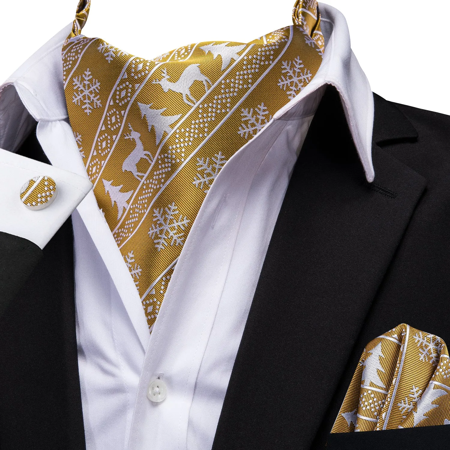 Gold Christmas Novelty Ascot Pocket Square Cufflinks Set