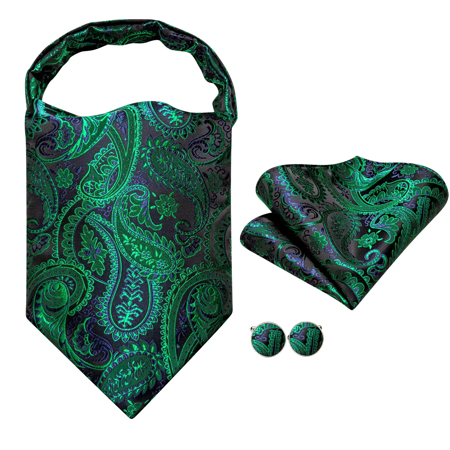 Green Blue Paisley Ascot Pocket Square Cufflinks Set