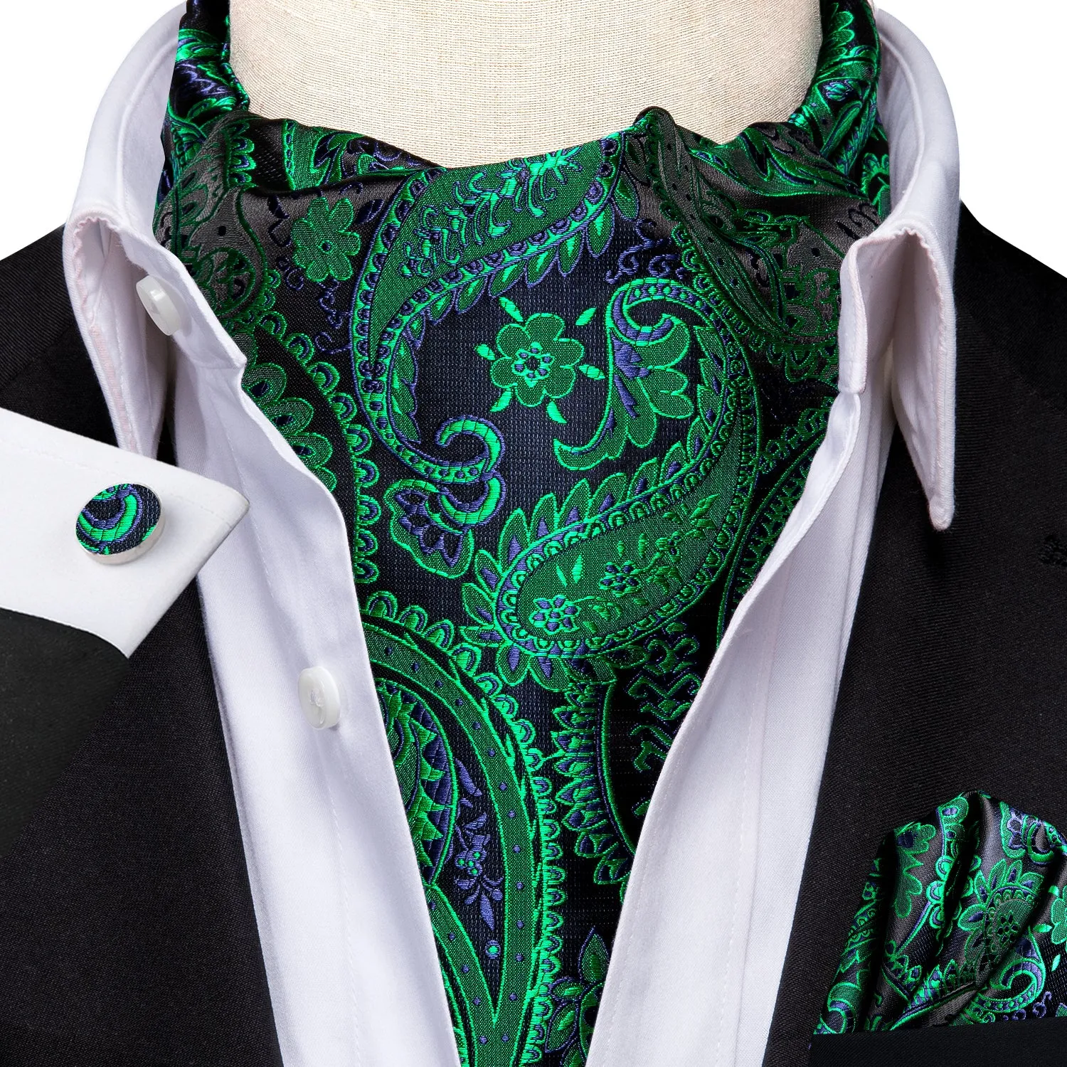 Green Blue Paisley Ascot Pocket Square Cufflinks Set