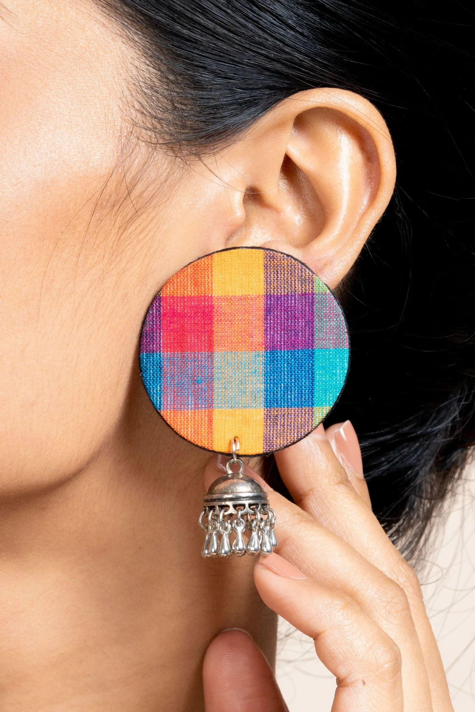 Handmade  Multicolor Fabric Jhumka Earrings in German Silver - Unique, Elegant, Non-Allergic Design