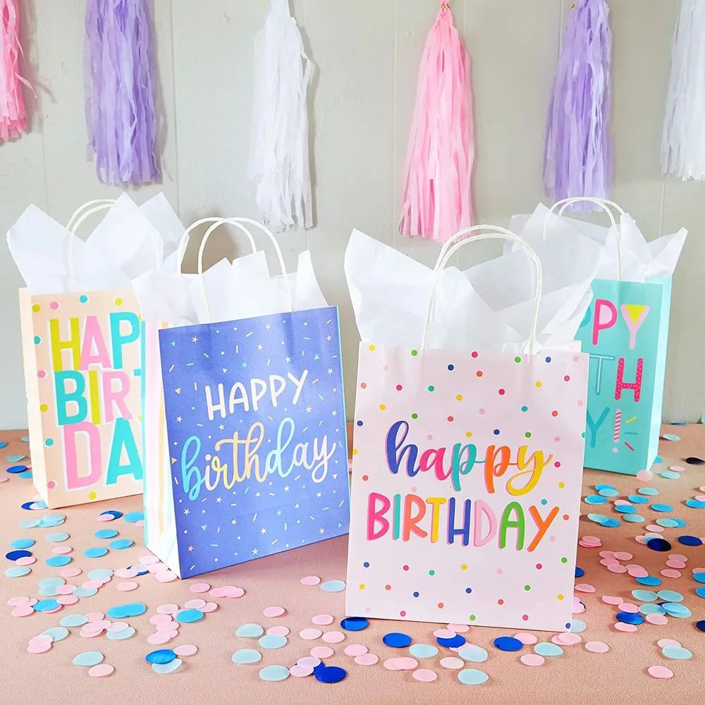 Happy Birthday Paper Gift Bags with Handles, Bulk for Party Favors (4 Designs, 24 Pack)