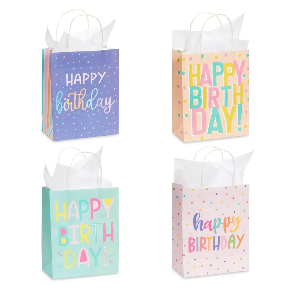 Happy Birthday Paper Gift Bags with Handles, Bulk for Party Favors (4 Designs, 24 Pack)