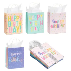 Happy Birthday Paper Gift Bags with Handles, Bulk for Party Favors (4 Designs, 24 Pack)