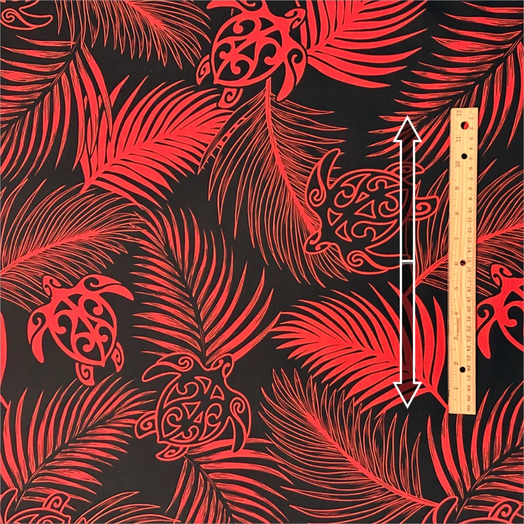 Hawaiian Fabric With Monstera and Turtle Print - Red/Black