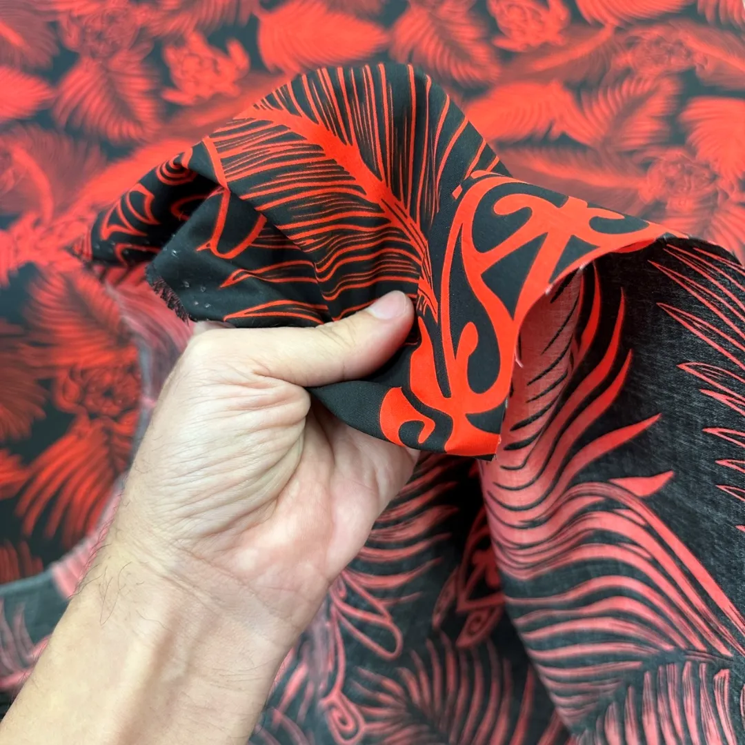 Hawaiian Fabric With Monstera and Turtle Print - Red/Black