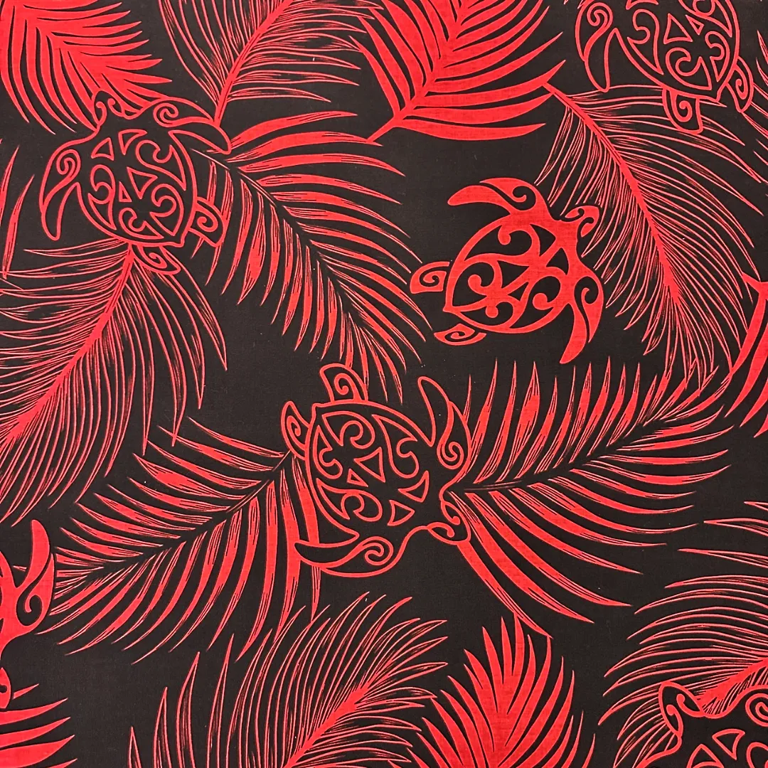 Hawaiian Fabric With Monstera and Turtle Print - Red/Black