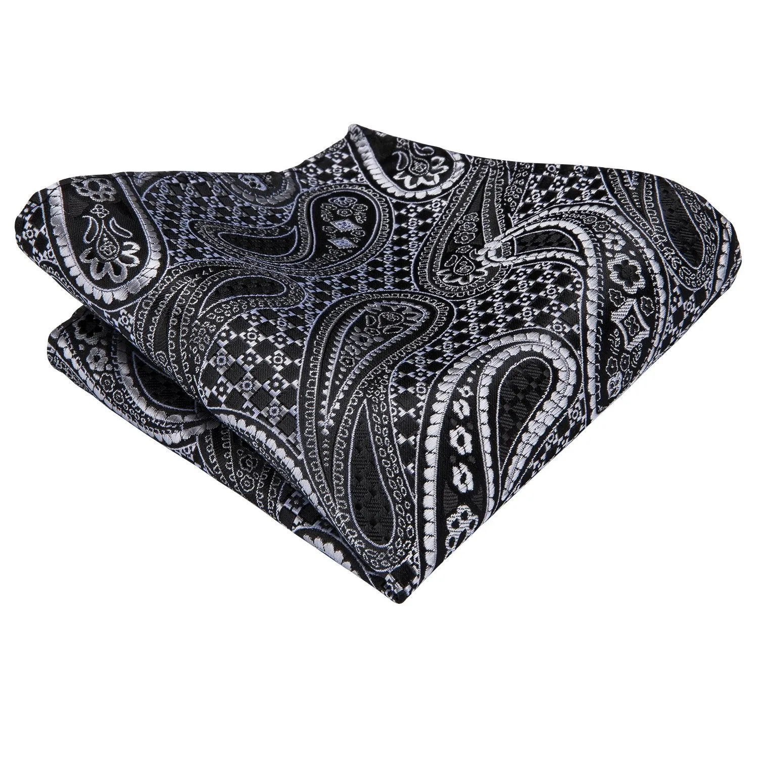 Hi-Tie Black Paisley Silk Ascot Tie Pocket Square Cufflinks Set