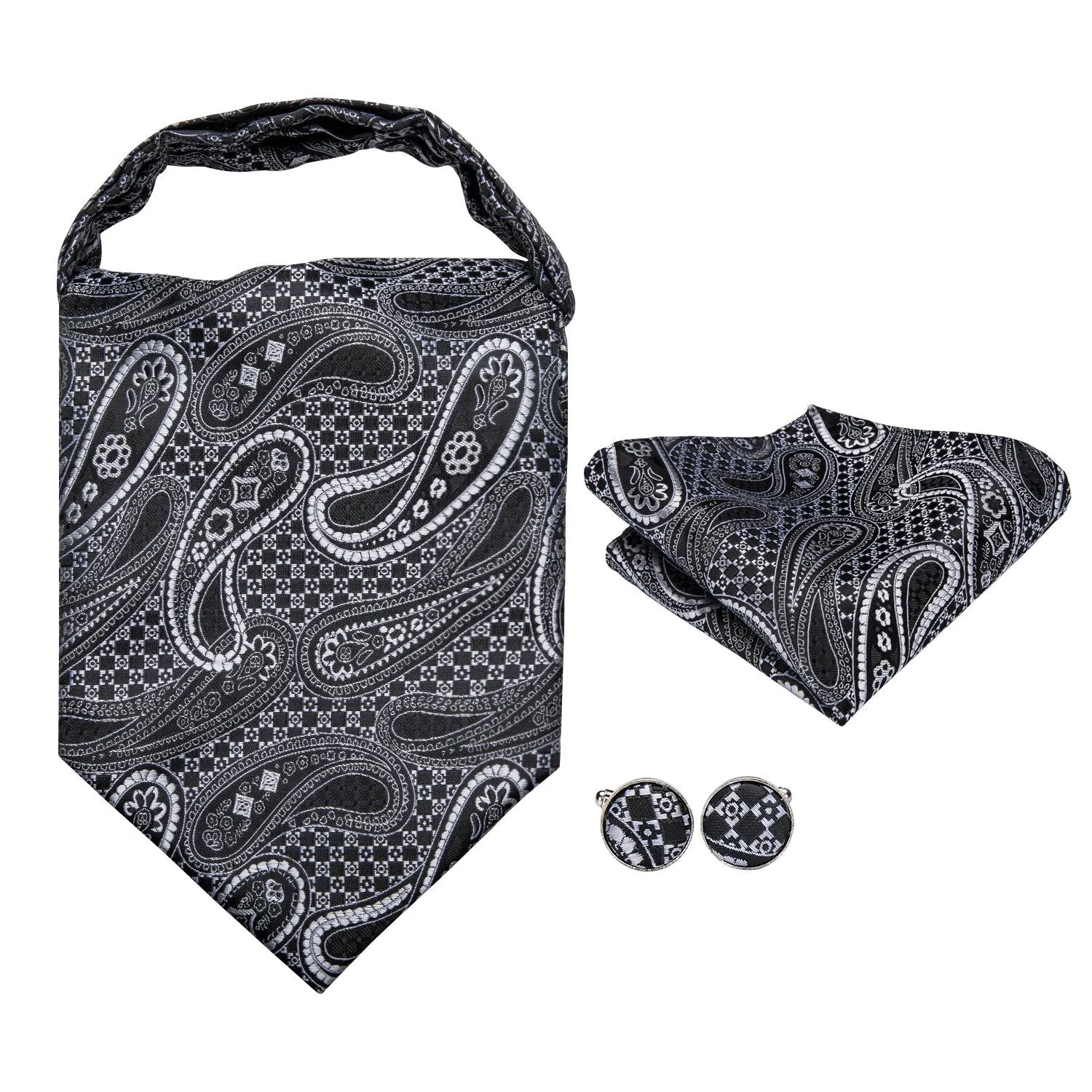 Hi-Tie Black Paisley Silk Ascot Tie Pocket Square Cufflinks Set