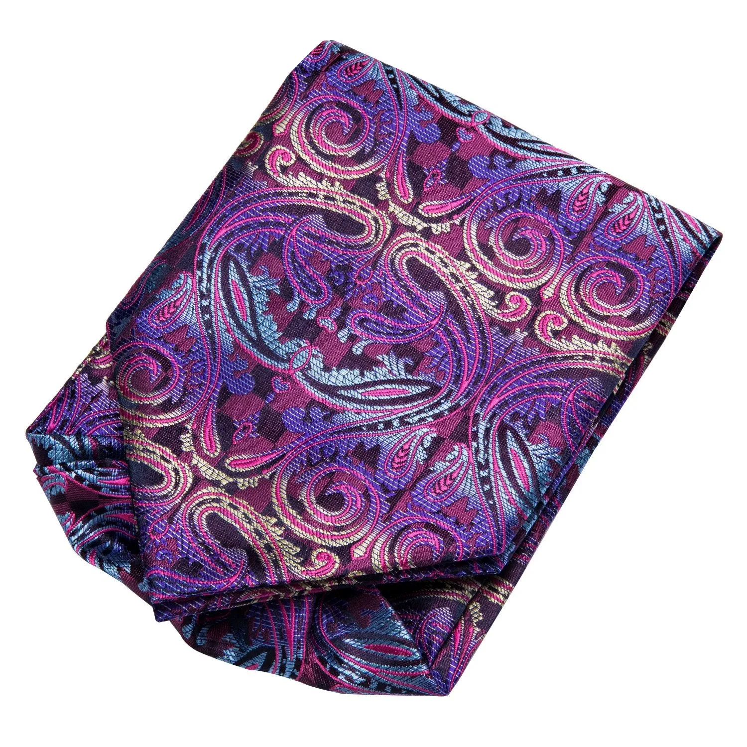 Hi-Tie Purple Black Paisley Silk Ascot Tie Pocket Square Cufflinks Set