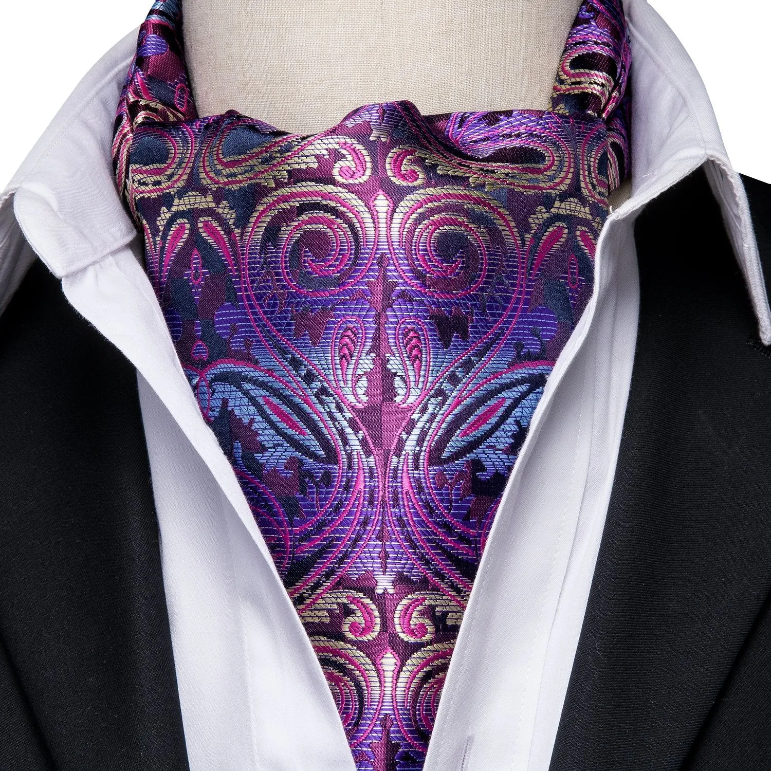 Hi-Tie Purple Black Paisley Silk Ascot Tie Pocket Square Cufflinks Set