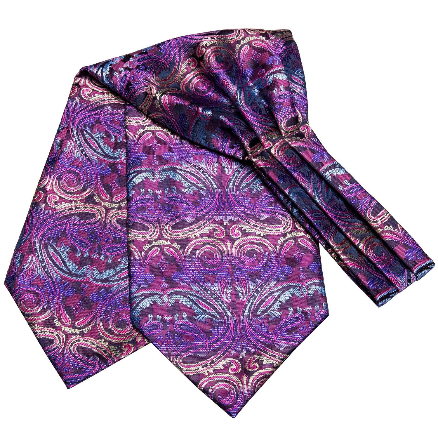 Hi-Tie Purple Black Paisley Silk Ascot Tie Pocket Square Cufflinks Set