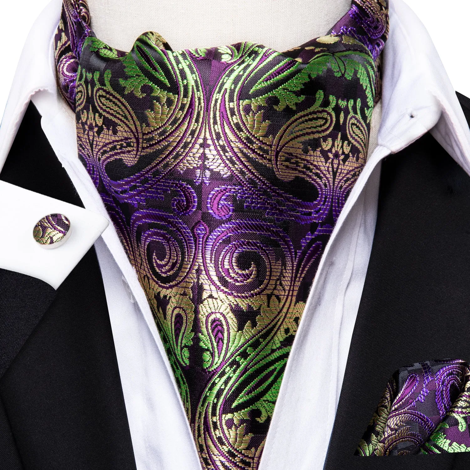 Hi-Tie Purple Green Golden Paisley Ascot Pocket Square Cufflinks Set