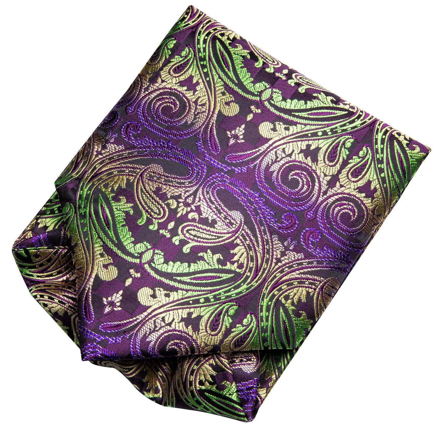 Hi-Tie Purple Green Golden Paisley Ascot Pocket Square Cufflinks Set