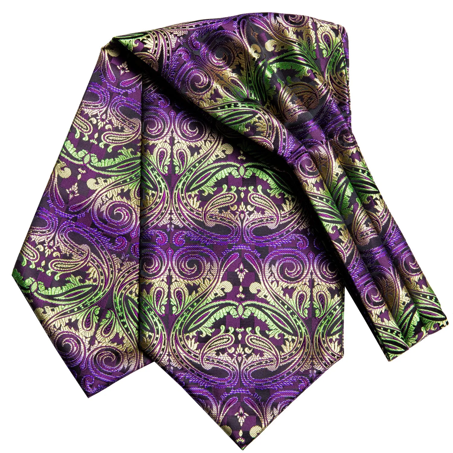 Hi-Tie Purple Green Golden Paisley Ascot Pocket Square Cufflinks Set