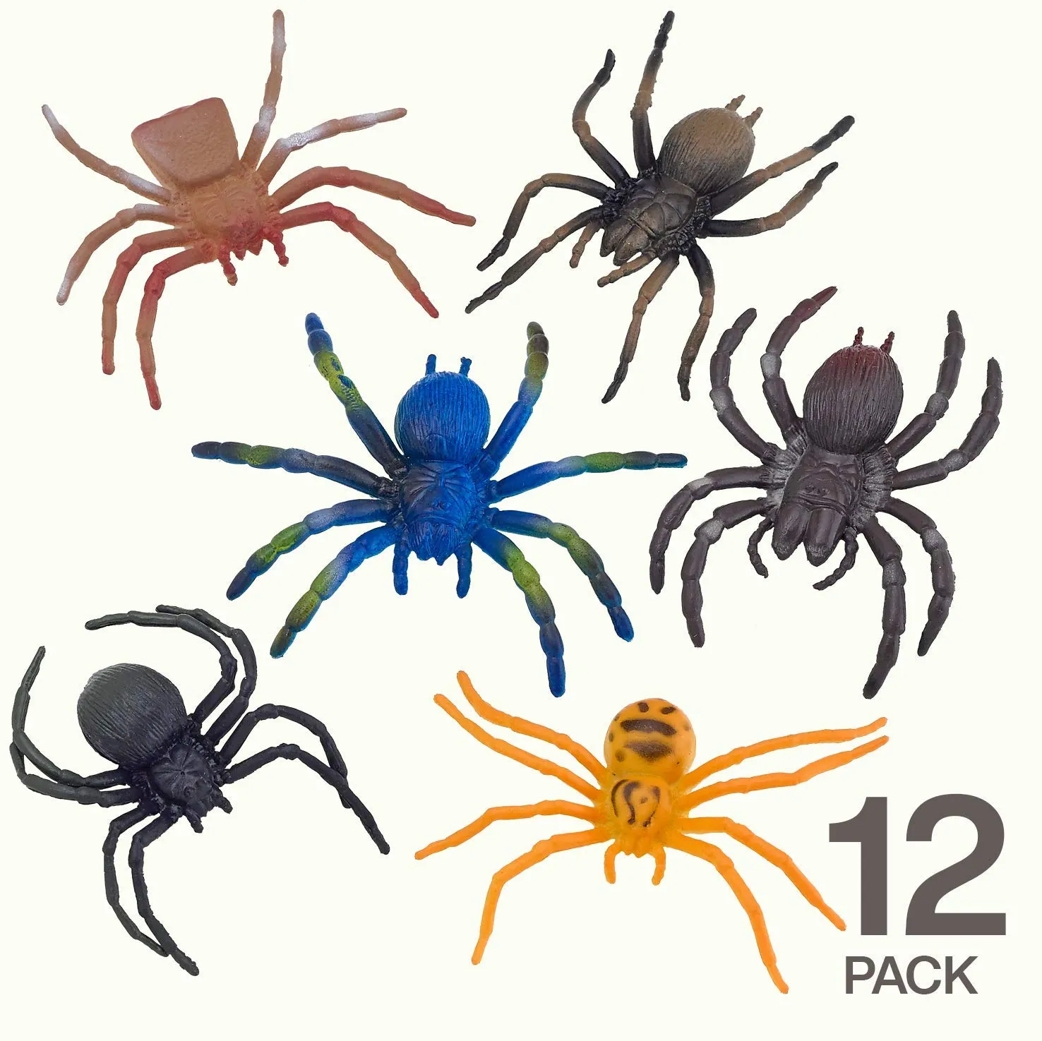 Kicko Plastic Spiders - Pack of 12 - 1.75 Inches - Assorted Colored Cool Arachnids -