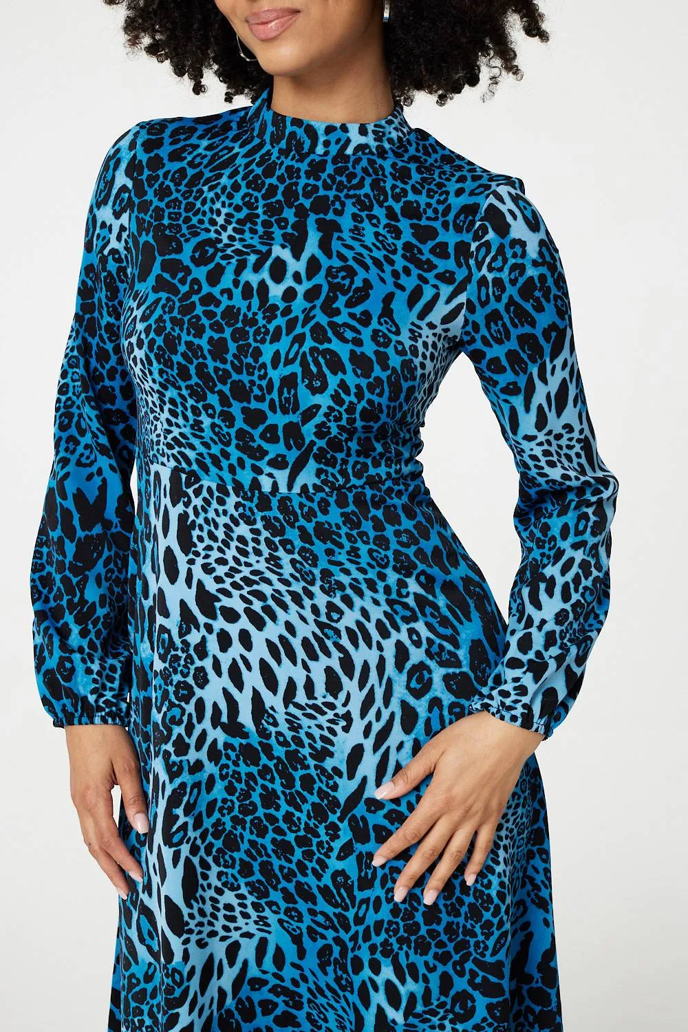 Leopard Print Long Sleeve Midi Dress