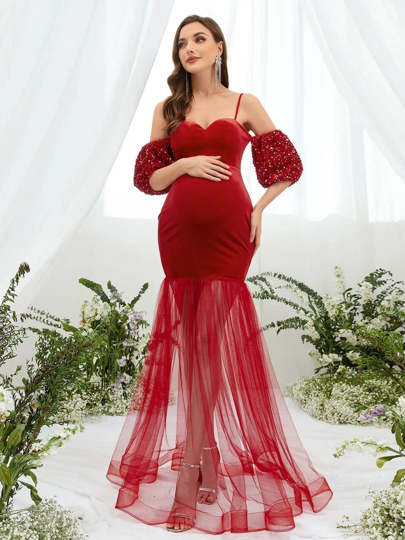 Maternity Puff Sleeve Mermaid Hem Velvet Cami Dress