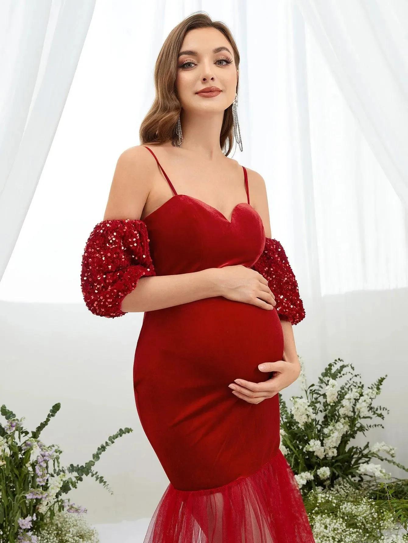 Maternity Puff Sleeve Mermaid Hem Velvet Cami Dress