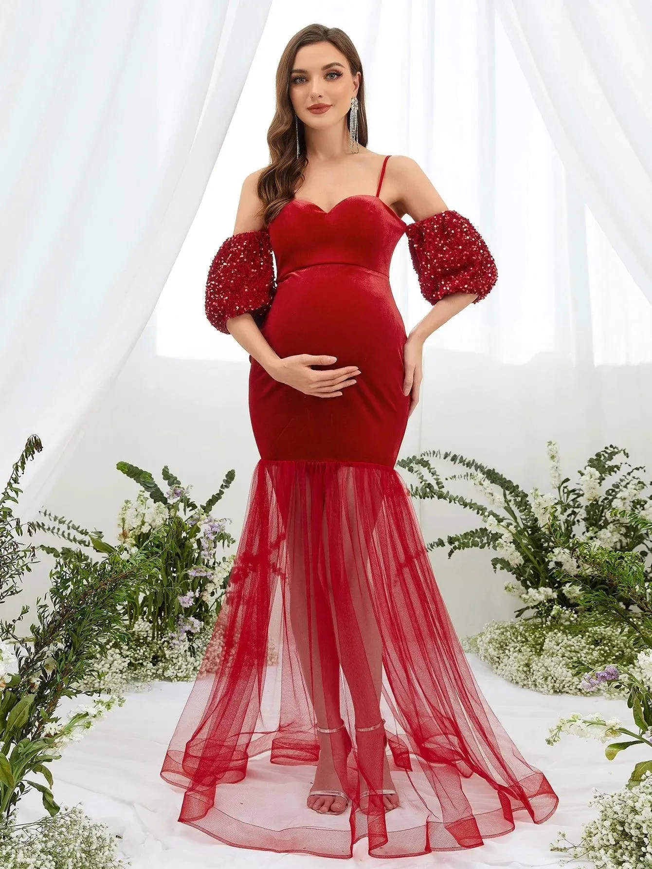 Maternity Puff Sleeve Mermaid Hem Velvet Cami Dress