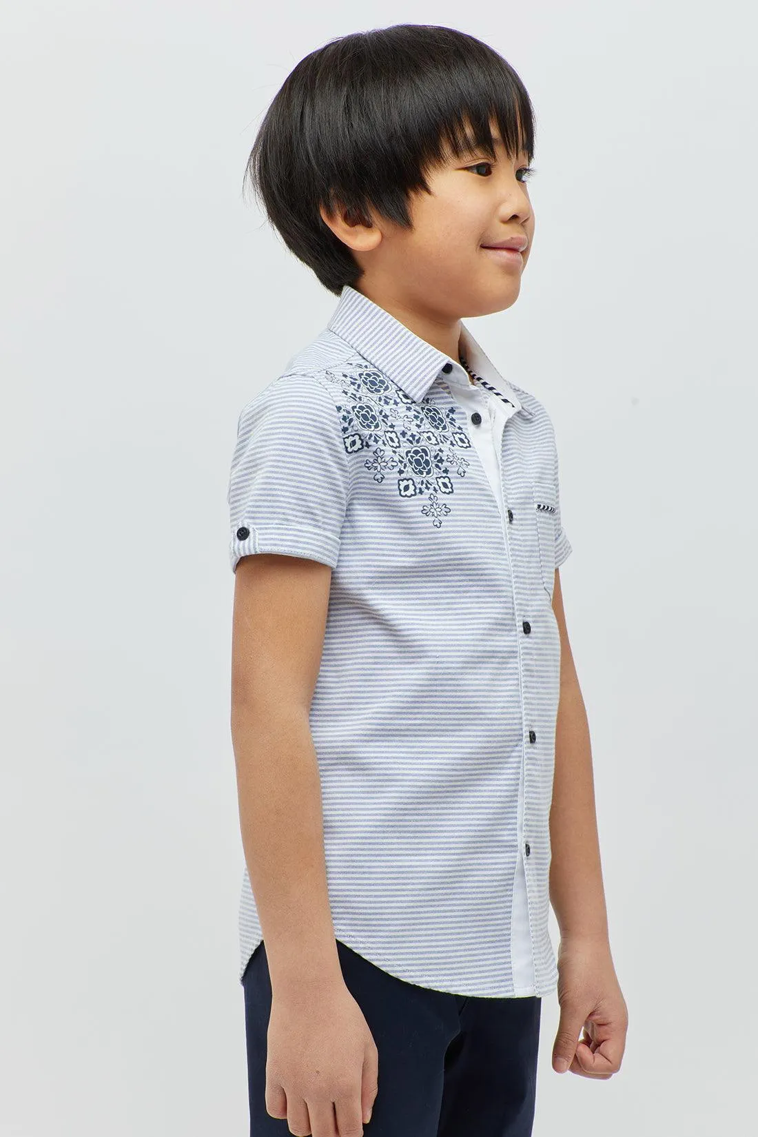 One Friday Kids Boys Blue Embroidered T-Shirt with Patched Embroidery