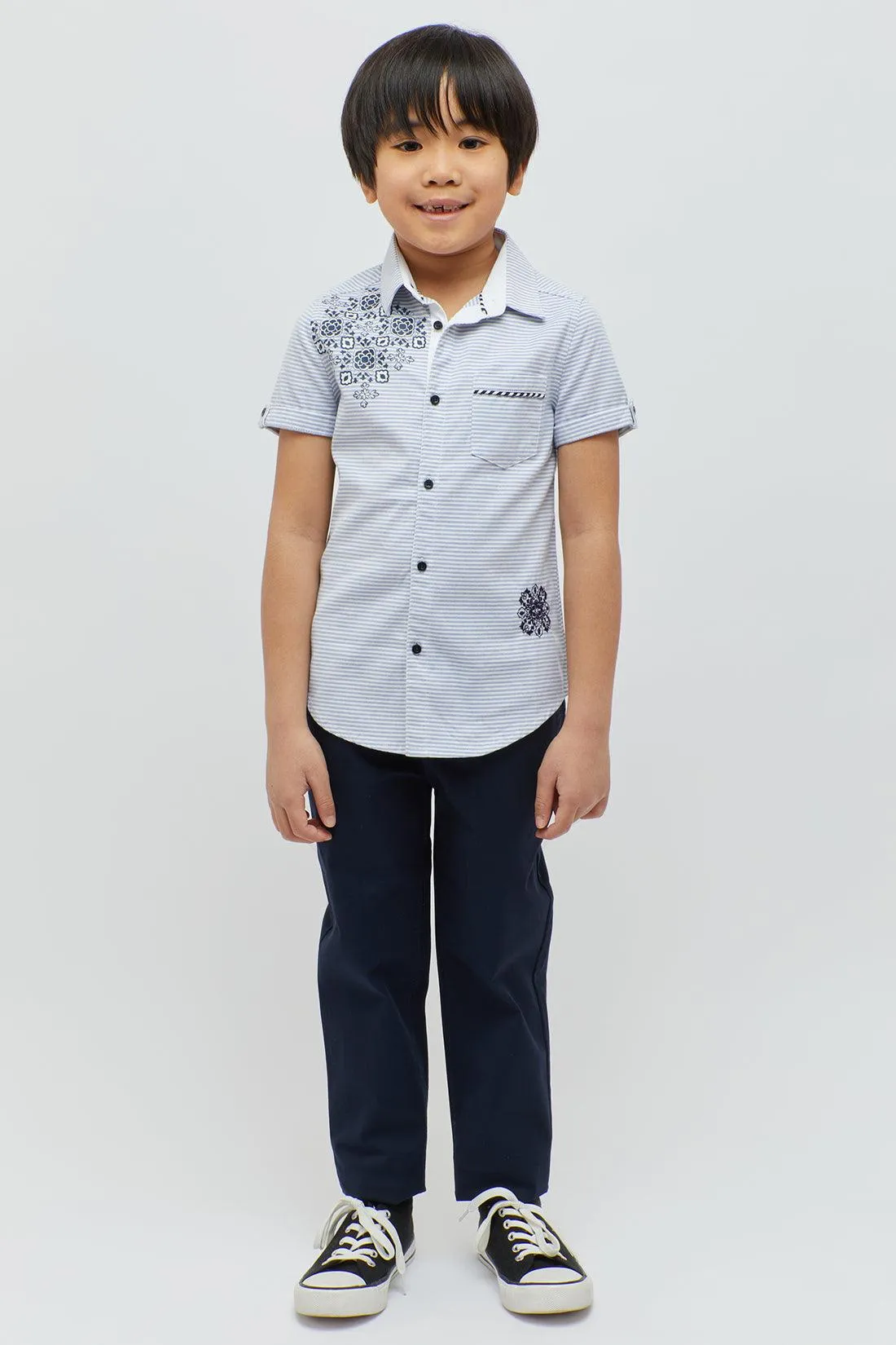 One Friday Kids Boys Blue Embroidered T-Shirt with Patched Embroidery