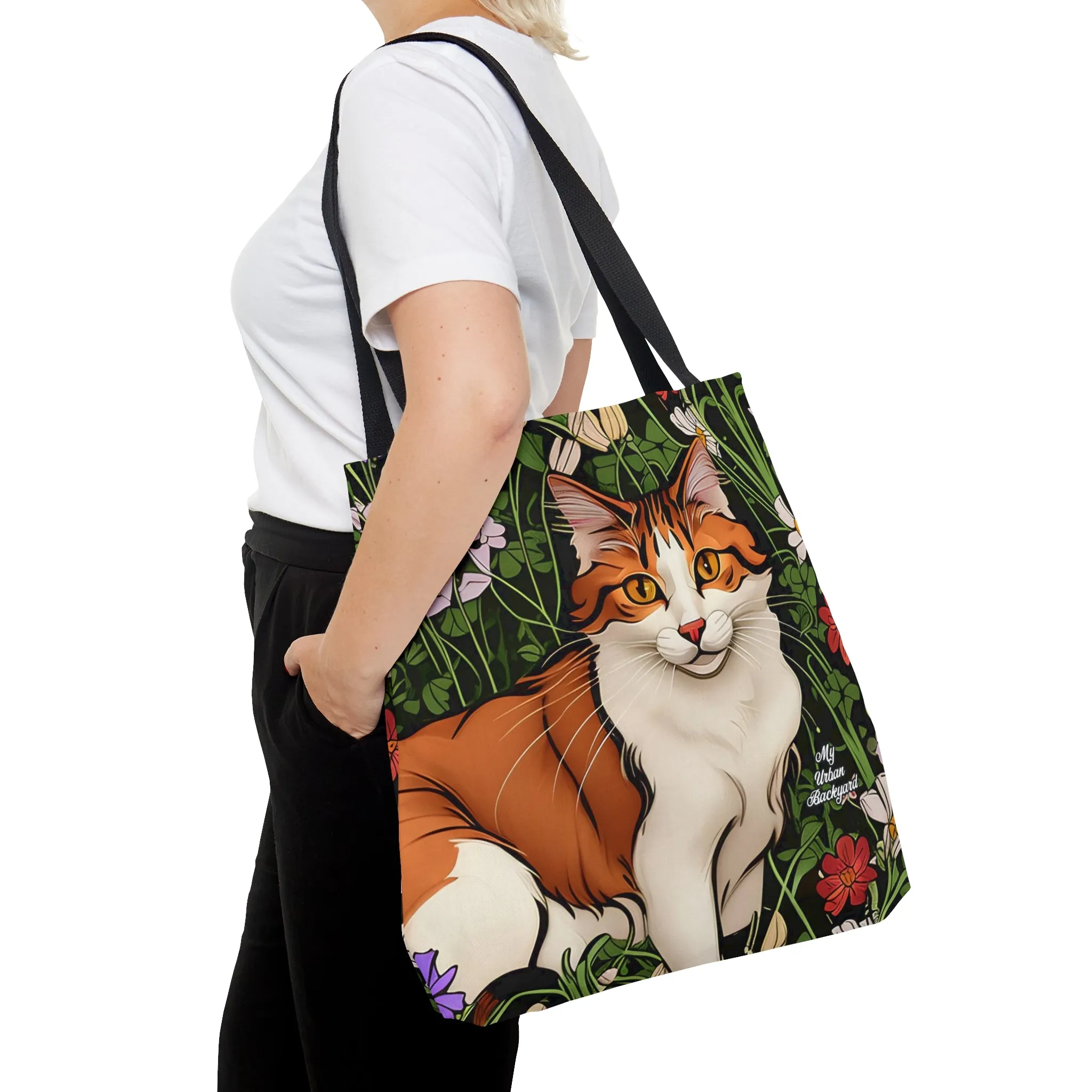 Orange Cat with Flowers, Tote Bag for Everyday Use - Durable and Functional