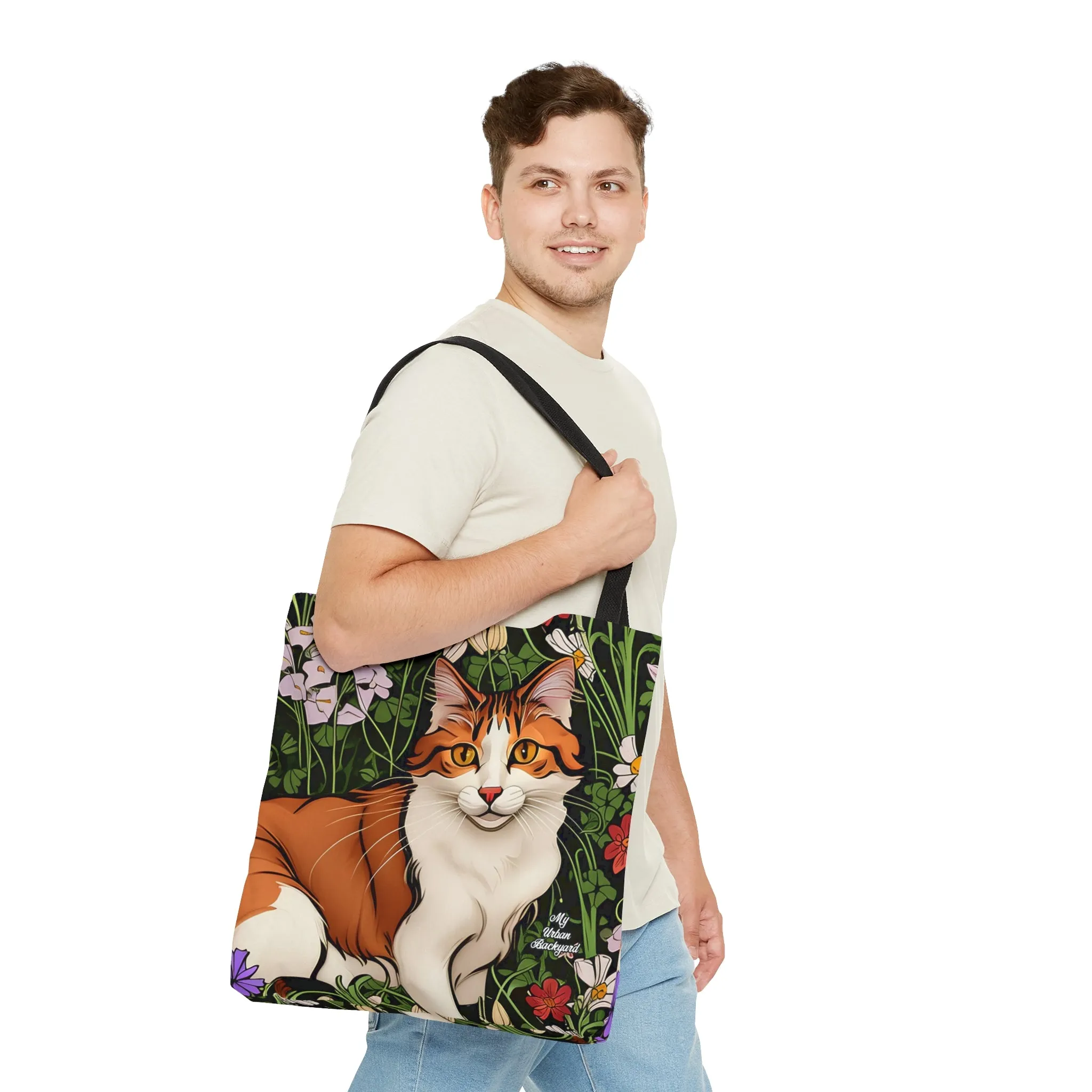 Orange Cat with Flowers, Tote Bag for Everyday Use - Durable and Functional